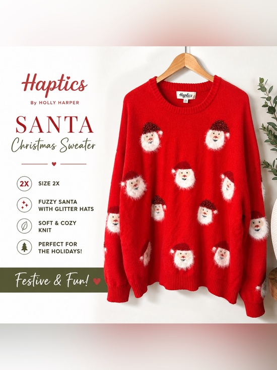 Haptics Sweaters - Haptics by Holly Harper Fuzzy Santa Christmas Sweater | 2X | Festive Holiday